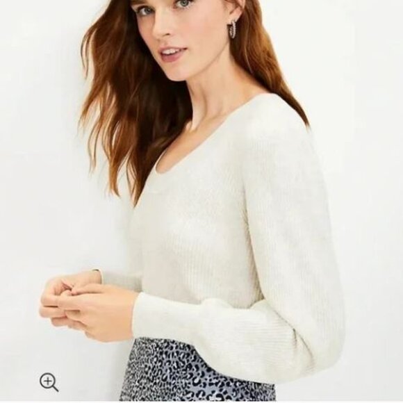NWT LOFT Puff Long Sleeve 100% Cotton Ribbed V-Neck Sweater in oatmeal Size M - Picture 1 of 7